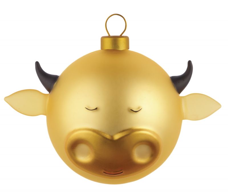 Goldene Alessi Weihnachtskugel "Bue Ochse" aus der Palle Presepe Kollektion, festliche Christbaumkugel.